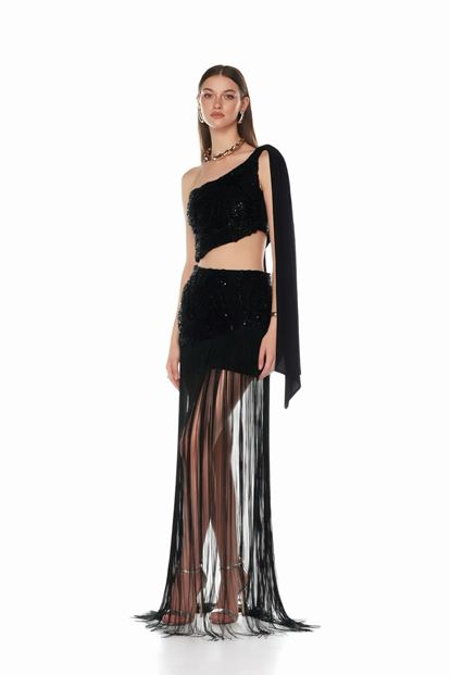 Schwarzes One Shoulder Pailletten Fransen Abendkleid